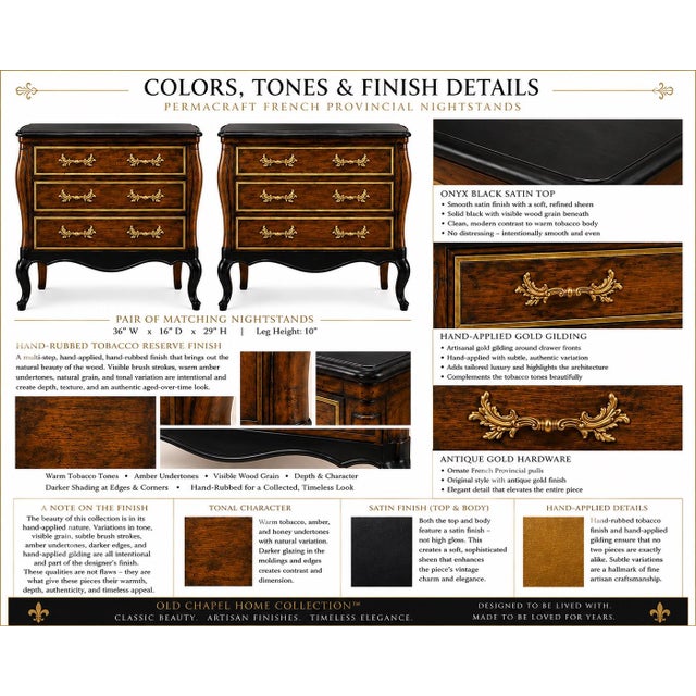 French Provincial Mid 20th Century Pair of Permacraft French Provincial Nightstands | Onyx Black & Tobacco Reserve Finish With Hand-Gilded Details For Sale - Image 3 of 4