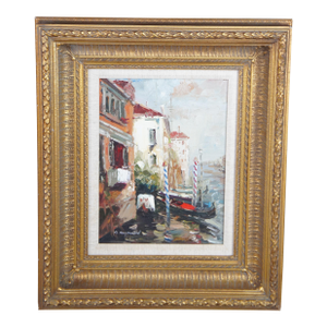 Vintage Impressionist Venice Italy Gondolas Canal Scene Oil Painting 26"