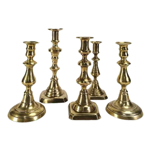 English Brass Candlesticks Assemblage - Set of 5