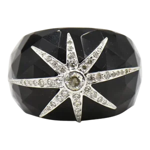 White Gold Diamond Star on Black Faceted Onyx Band Dome Cocktail Ring size 7.5