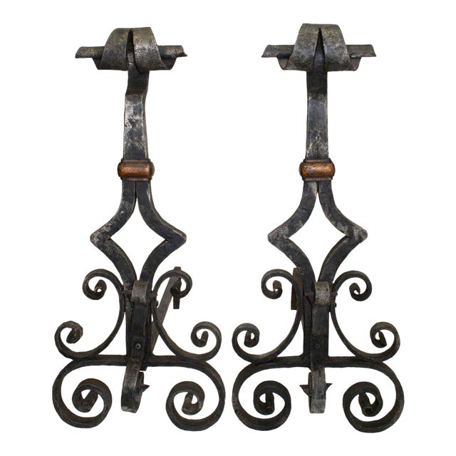 Antique Andirons Hand Wrought Iron - A Pair For Sale
