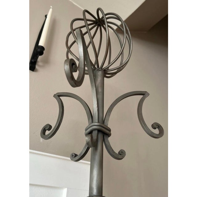Metal Wrought Iron Coat & Hat Rack Distinctive Spiral Globe Top Tripod Base Brutalist For Sale - Image 7 of 12