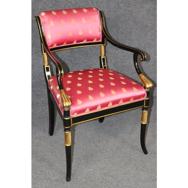 Wood Pair of Hollywood Regency Style Ebonized & Gilt Armchairs by Karges For Sale - Image 7 of 14