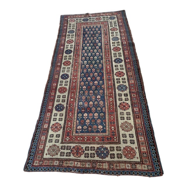 Antique Caucasian Talish Wool Rug, Indigo Field & Wide Border, C. 1880s — 3'7" × 7'4" For Sale