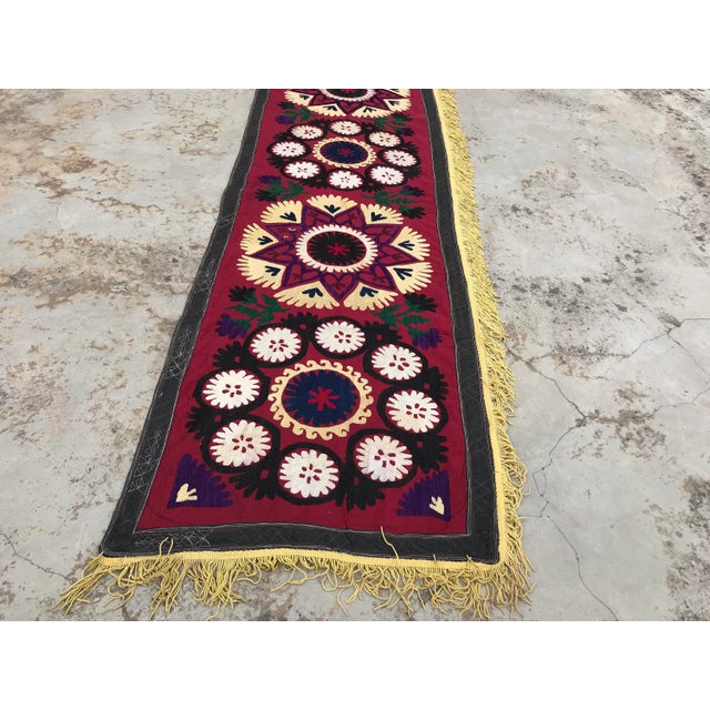 Vintage Suzani Table Runner With Yellow Tassel - 11'9" x 1'9" For Sale In Los Angeles - Image 6 of 8