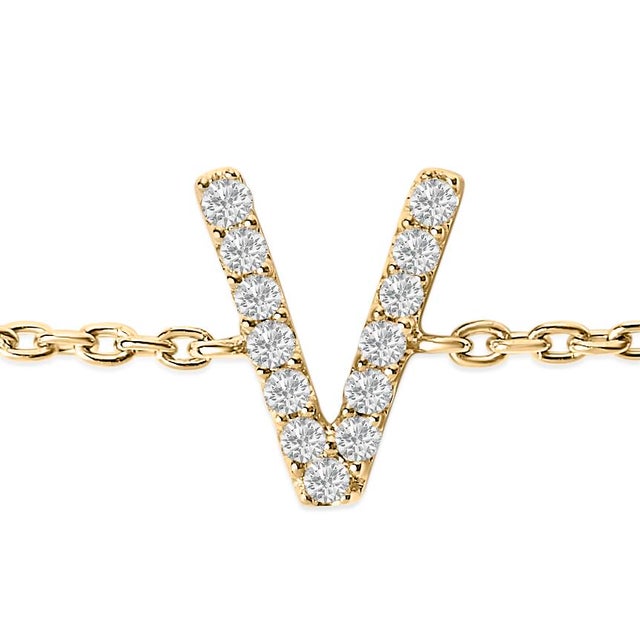 Contemporary 10K Yellow Gold Diamond Accent "V" Initial Charm and Link Bracelet For Sale - Image 3 of 6