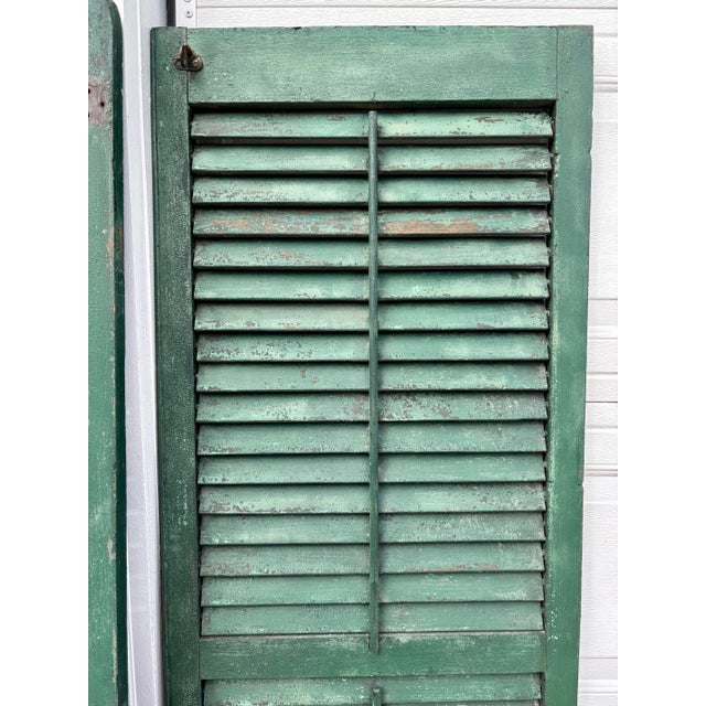 Metal Antique American Green Farmhouse Shutter 19th C Architectural Salvage- Set of 3 For Sale - Image 7 of 9