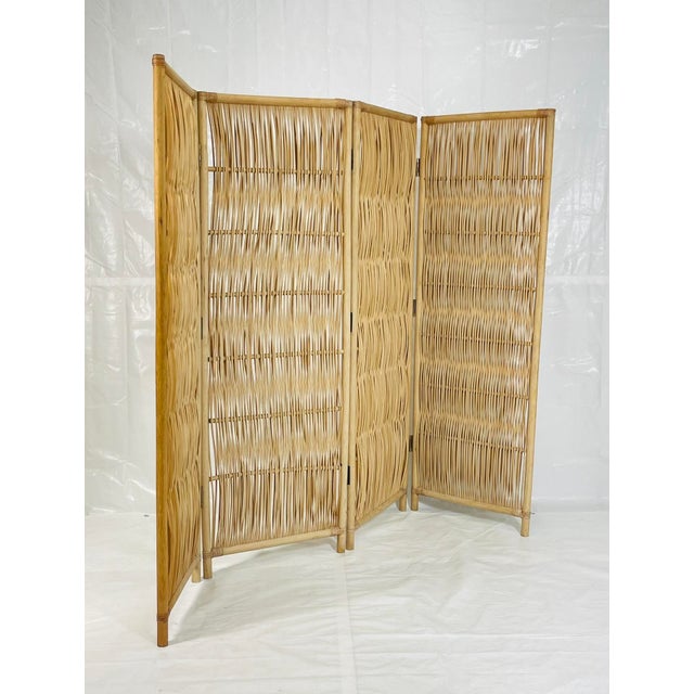 Wood Vintage Rattan Folding Screen Room Divider With Brass Hardware, Organic Modern For Sale - Image 7 of 18