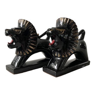 Vintage Bookends Mid-Century Black Lion Ceramic Statues -Pair For Sale