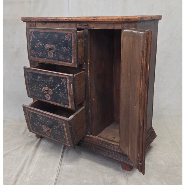 Rustic European Antique Romanian Folk Painted Pine Cupboard With Drawers and a Door For Sale - Image 3 of 14