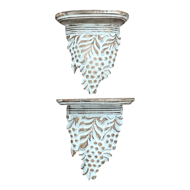 Vintage Carved Wood Grape Wall Brackets - Pair For Sale