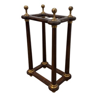 Vintage Edwardian Style Distressed Wood & Brass Umbrella Stand For Sale