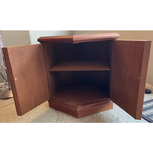 Chinese Carved Hexagonal End Table Cabinet With Glass Top For Sale - Image 4 of 9