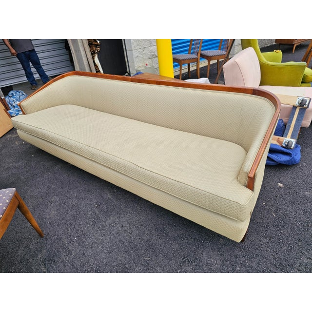 Green Mid Century Modern Sofa With Wood Trim Back Rest For Sale - Image 8 of 12