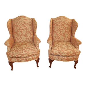 Pair of Kindel Mahogany Queen Anne Style Club Fireside Wing Chairs Damask Fabric, 1990s