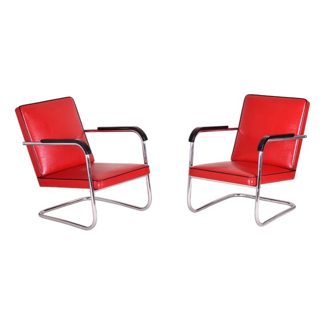 Set of Art Deco Armchairs in Chrome & Leather attributed to Anton Lorenz for Thonet, Germany, 1930s For Sale