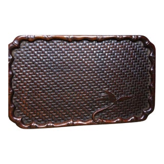 Vintage Rosewood Tea Tray - Carved Woven & Bamboo Motif For Sale