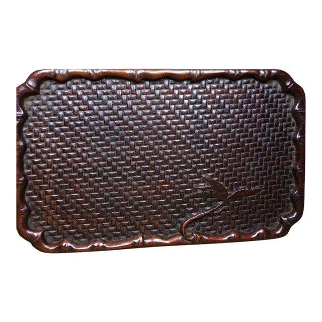 Vintage Rosewood Tea Tray - Carved Woven & Bamboo Motif For Sale