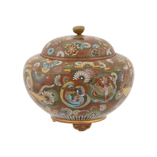 Late 19th Century Japanese Cloisonne Enamel Covered Jar Meiji Period Phoenix Design For Sale - Image 5 of 6