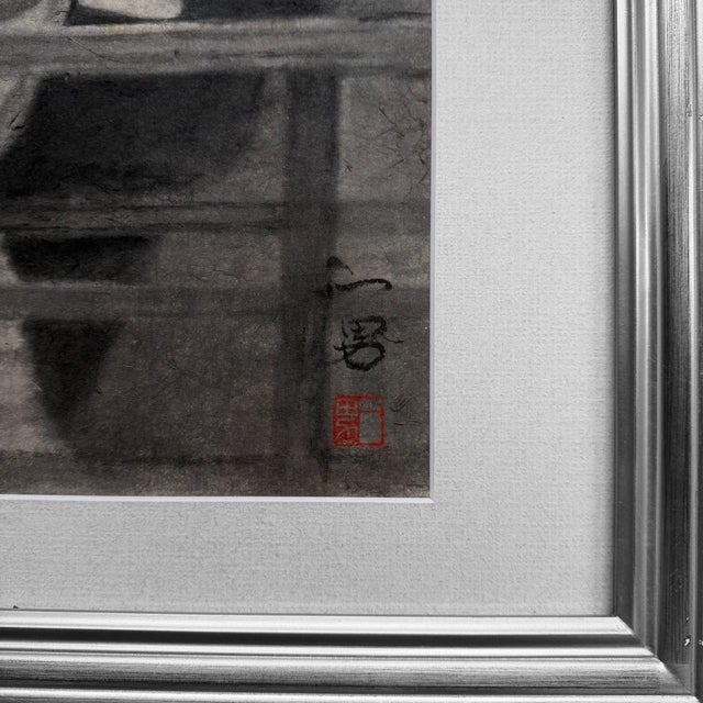 Kazuo, Dancing Woman in Kimono, 1970s, Ink Painting on Kōzo Washi Paper, Framed For Sale - Image 6 of 10