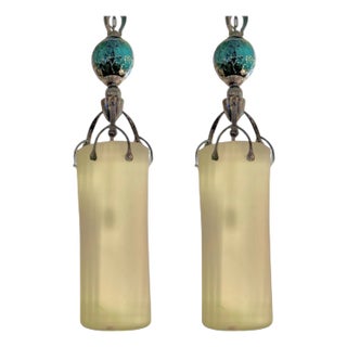 Pair of 1980s Brutalist Hand Blowed Glass Metal Pendants For Sale