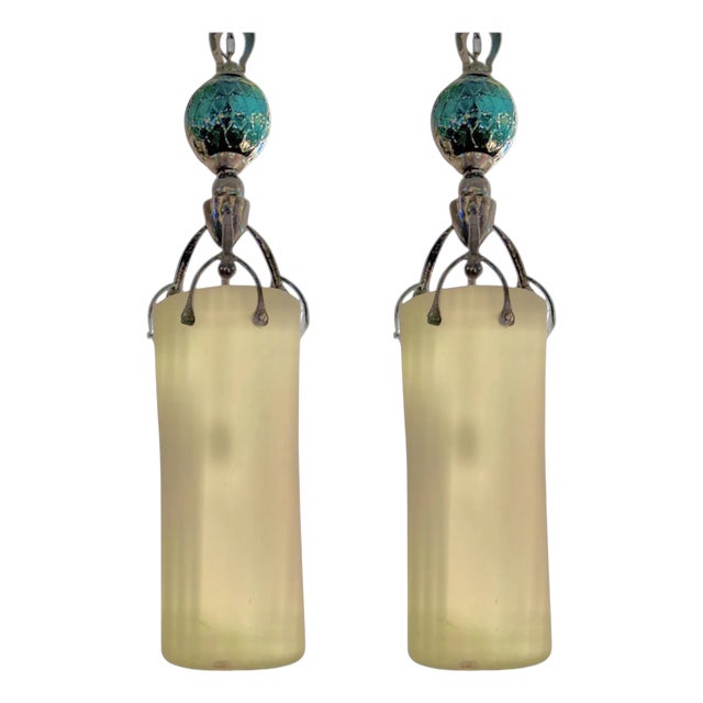 Pair of 1980s Brutalist Hand Blowed Glass Metal Pendants For Sale