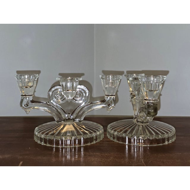 Glass Vintage Pressed‑Glass Triple Spot Candleholders — Set of Two For Sale - Image 7 of 11