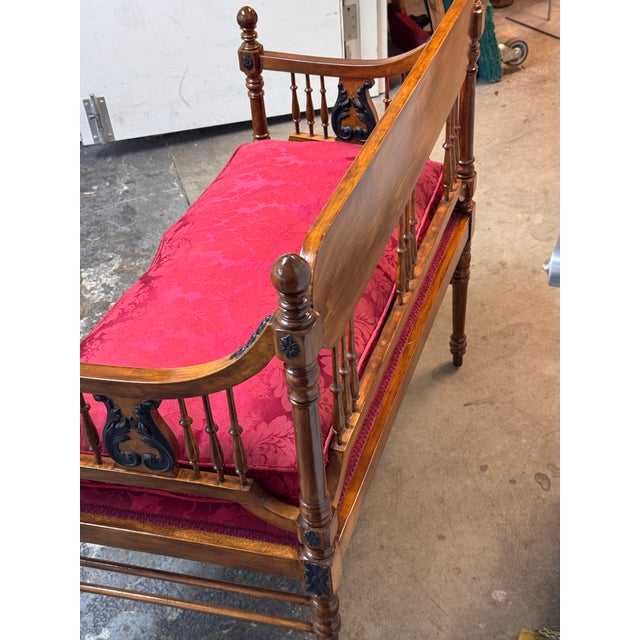 Early 20th Century Antique Victorian Red Damask Upholstered Settee For Sale - Image 5 of 12