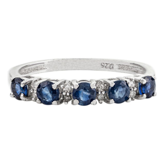 Round Cut Blue Sapphire & Diamond Half Eternity Band in 925 Silver- Size 7 For Sale