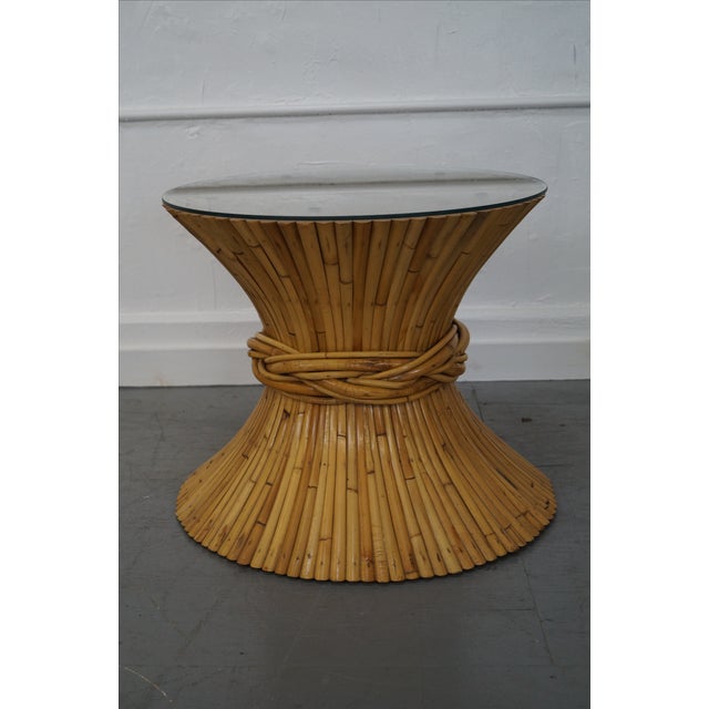 McGuire Sheaf of Wheat Bamboo Rattan Round Glass Top Coffee Table AGE/COUNTRY OF ORIGIN: Approx 35 years, America....