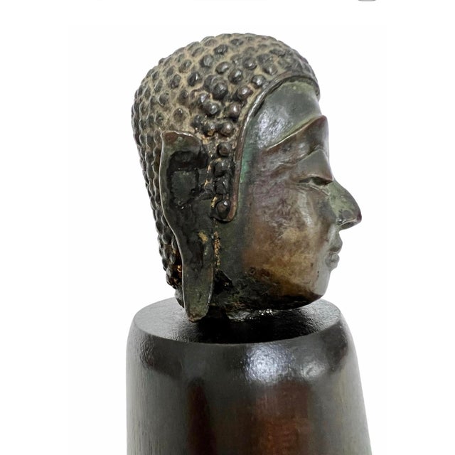 19th Century Thai Patinated Bronze Buddha Head on Plinth - Trace Gilding For Sale - Image 9 of 12