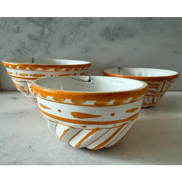 Mediterranean Set of 3 Ceramic Orange and White Hand Painted Molds For Sale - Image 3 of 12