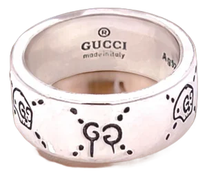 Late 20th Century Gucci Estate Engraved Ring Size 8 Sterling Silver 8.5 MM Height