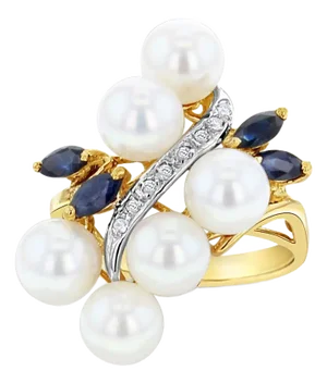 Freshwater Pearl, Sapphire & Diamond Cluster Ring 14k Yellow Gold, Size 5