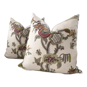 Lee Jofa Cambria Crewel in Plum and Moss Pillows - a Pair