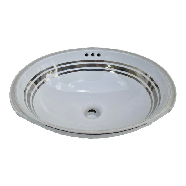 C.2014 Sherle Wagner Porcelain & Platinum Silver Trim Banded Design Underlying Mount Sink For Sale
