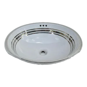 C.2014 Sherle Wagner Porcelain & Platinum Silver Trim Banded Design Underlying Mount Sink