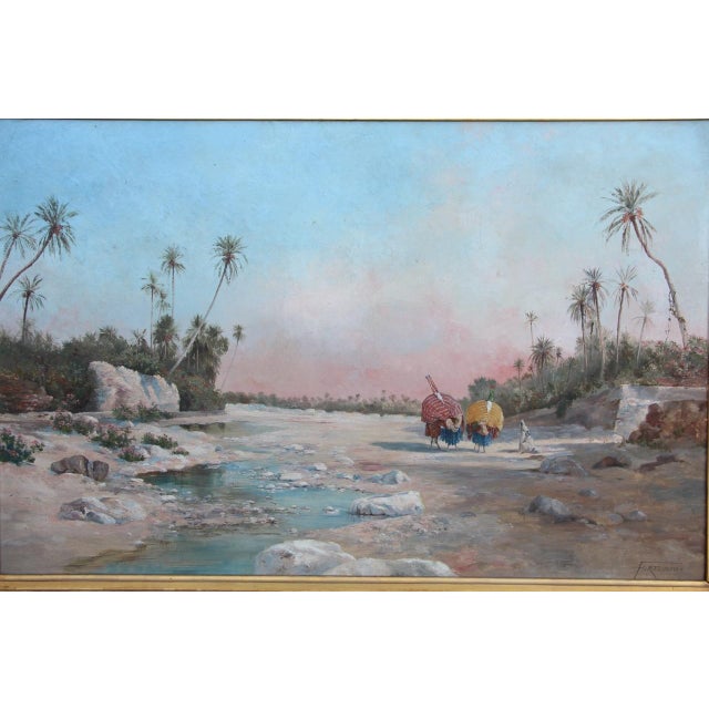 A lovely, luminous Orientalist painting from the late 19th century, signed Fortunio "Hail by the River" Oil on canvas,...