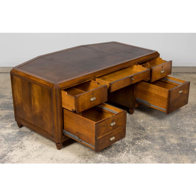 1930s French Art Deco Walnut Partner Desk With Leather Top For Sale - Image 10 of 18