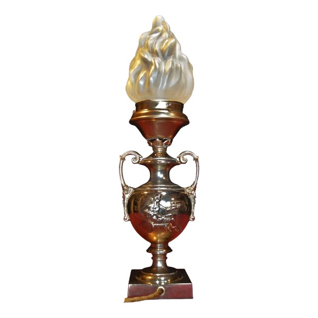 Art Deco Mid-Century Brass Table Lamp with Opaline Flame Shade, 1940s For Sale