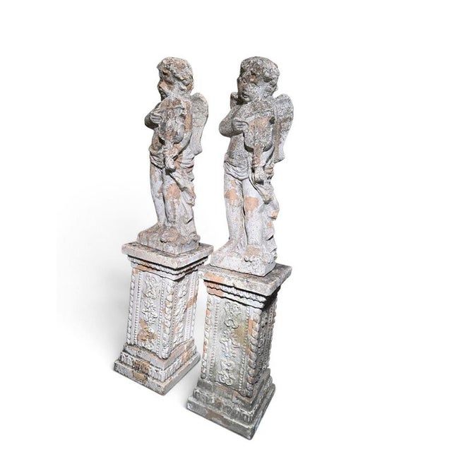 Antique Italian Terracotta Musical Cherubs on Pedestals, 1890, Set of 2 For Sale - Image 3 of 11