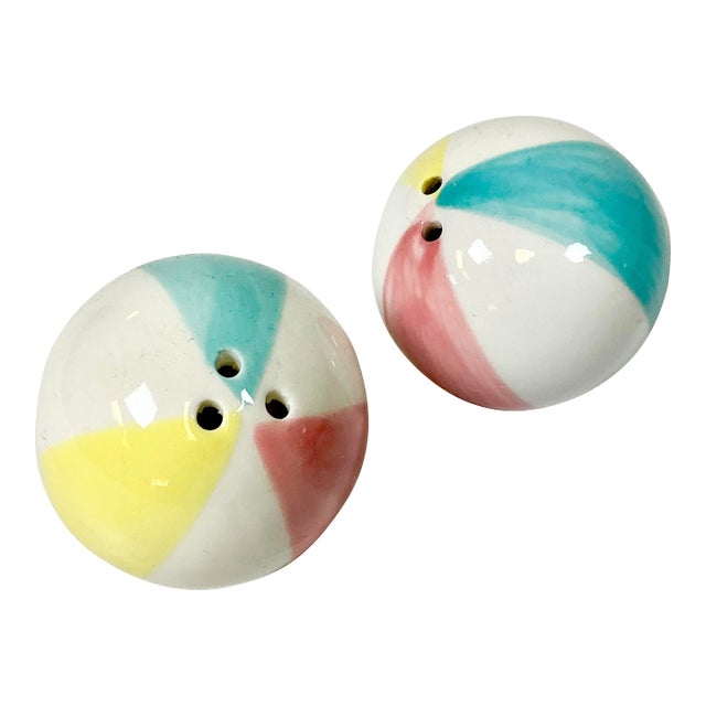 Mid-Century Coastal Boho Chic Beach Ball Salt & Pepper Shakers - A Pair. For Sale