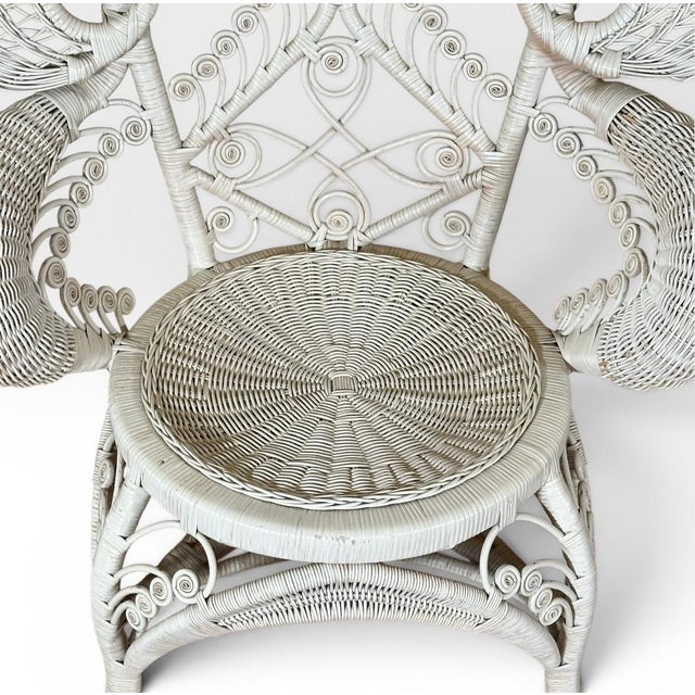 Vintage Boho Chic White Wicker Peacock Fan Back Chairs With Custom Cushions Pair For Sale - Image 10 of 16