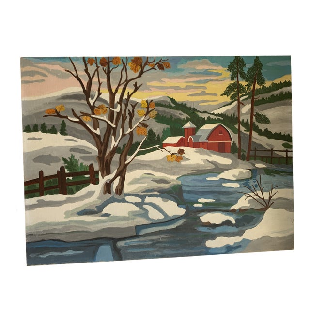 Cheerful Winter Country Barn Painting Chairish