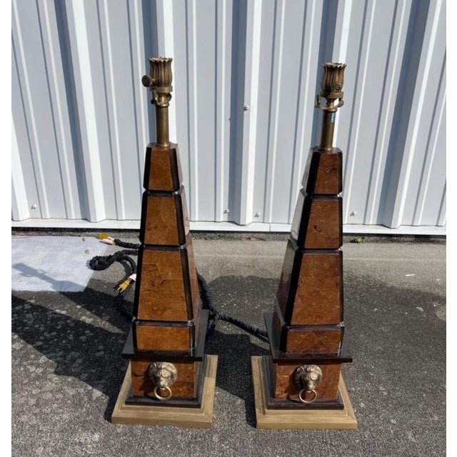 Maitland Smith Penshell Obelisk Brass Lion Head Accent Table Lamps - A Pair For Sale - Image 12 of 12
