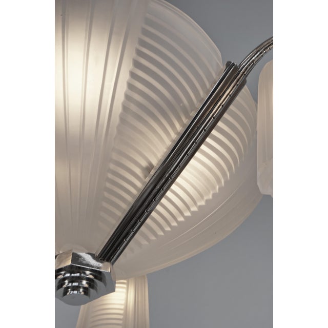 Petitot & Muller Freres French Art Deco Nickeled Bronze & Frosted Glass Modernist Chandelier 1930s For Sale - Image 11 of 12