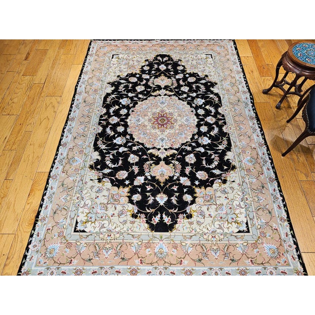 Persian Fine Persian Tabriz Rug, Hand-Knotted Wool & Silk, Floral Pattern, Black & Ivory, 7x10 For Sale - Image 3 of 18