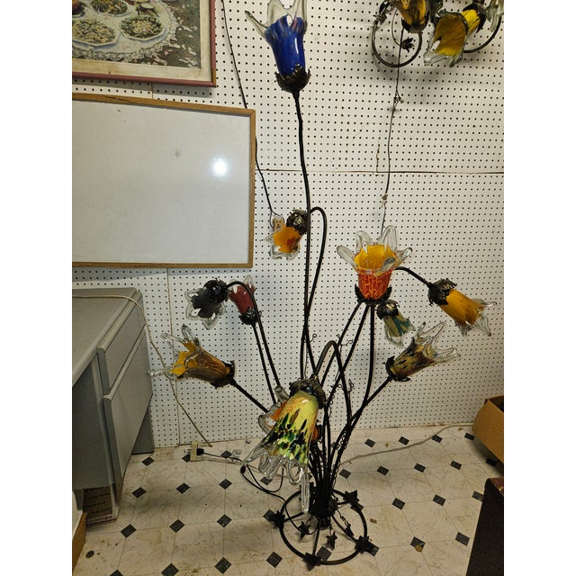 Art Nouveau 1990s Handmade Wrought Iron 11 Tulips Blown Glass Floor Lamp For Sale - Image 3 of 7