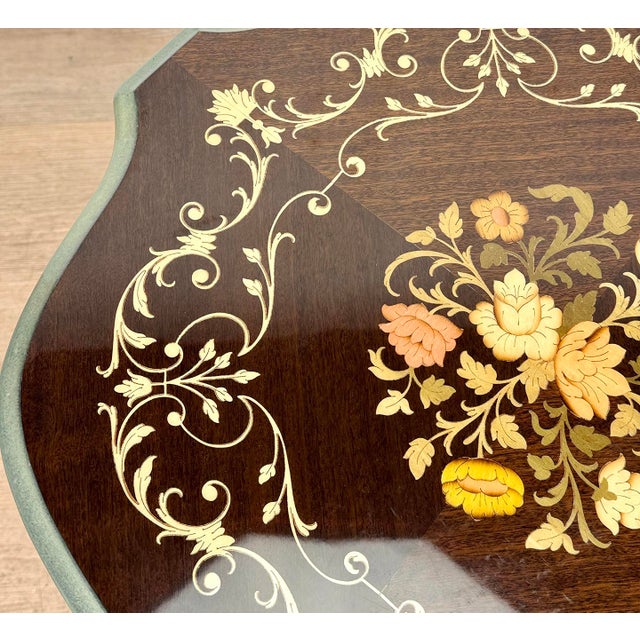 Wood Vintage Italian Rococo Floral Marquetry Fruitwood Turtle Top Side Table For Sale - Image 7 of 12