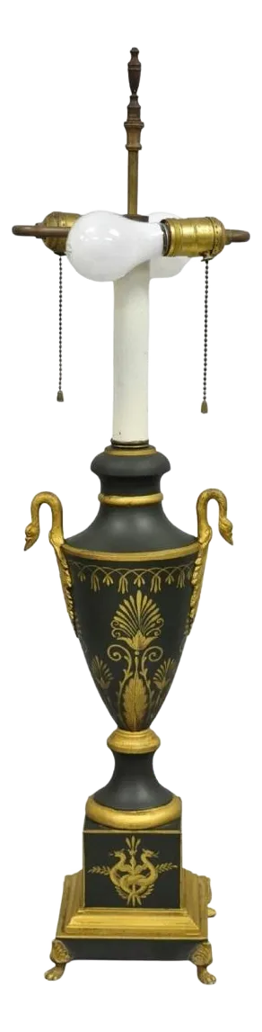 Mid 20th Century Vintage French Empire Green Tole Metal Gold Swan Painted Urn Table Lamp